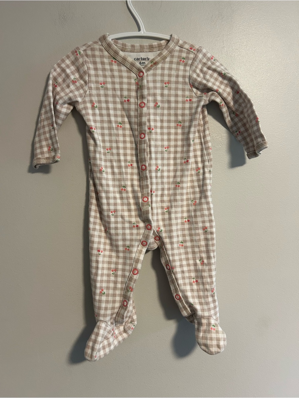 Carter's 6m Beige Gingham button up sleeper with pink cherry print & bum